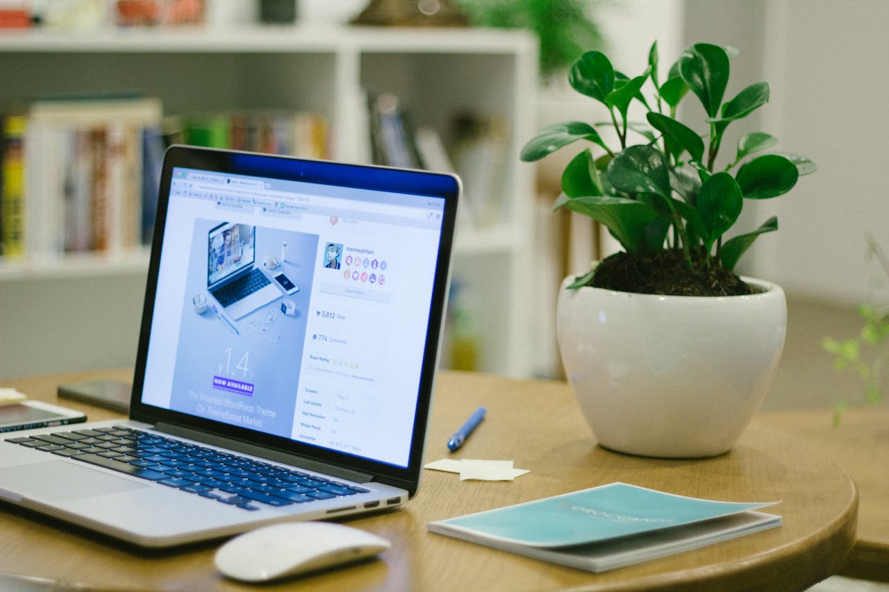 A modern workspace featuring a laptop and potted plant on a desk, offering a fresh and organized setting.